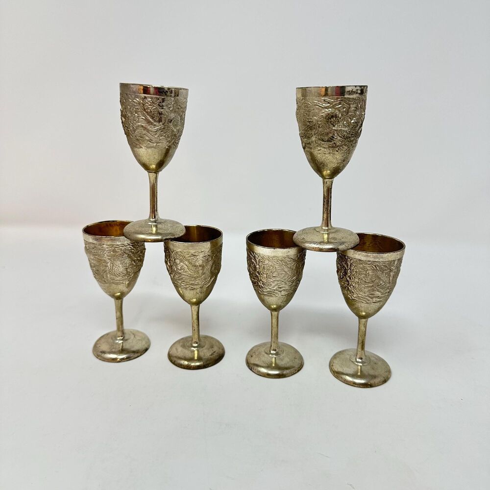 Vintage Set of 6 Occupied Japan Dragon Cordial Cups Metal Barware 1945-1952 Era
